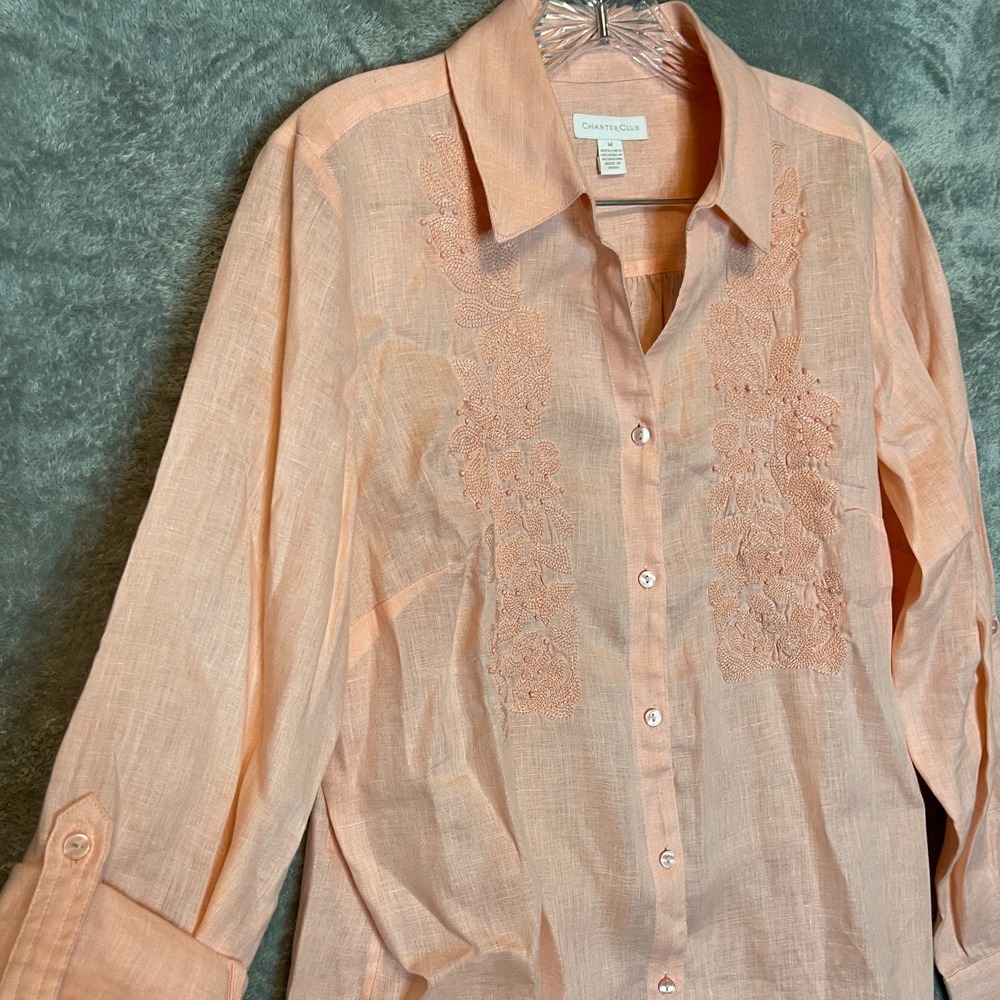 Charter Club Women Linen Embroidered Roll Tab Shirt M‎ Applique Coastal Grandma